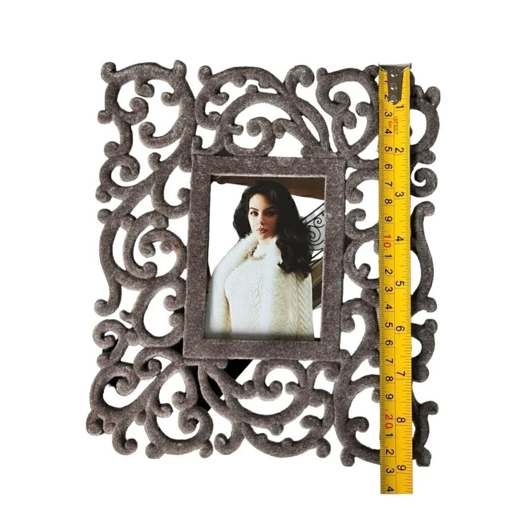 Grey Velvet Scroll Flourish Ornate Decorative Rectangular Picture Photo Frame